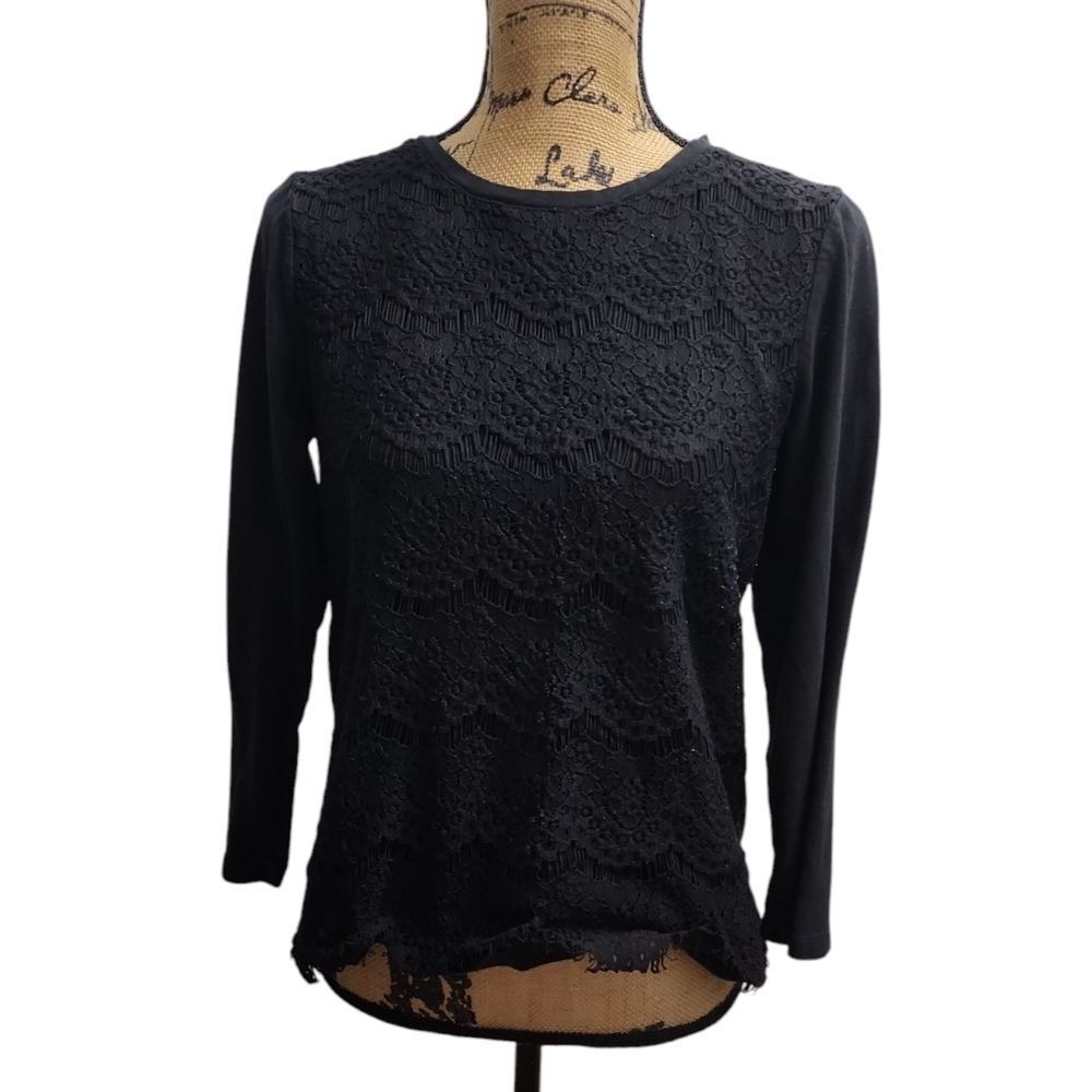 J. Crew Lace Top Long Sleeve Black Blouse Elegant Party Casual Size Medium